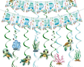 Dekoracje na przyjęcie urodzinowe. Baner z motywem żółwi morskich i wiszące zawijasy z motywem żółwi na urodziny, baby shower, artykuły imprezowe.
