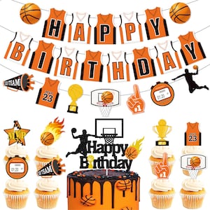 Basketball-Geburtstags-Partydekorations-Set enthalten HAPPY BIRTHDAY Banner Cake Toppers für Jungen Mädchen Kinder Jugendliche Männer Party Favor