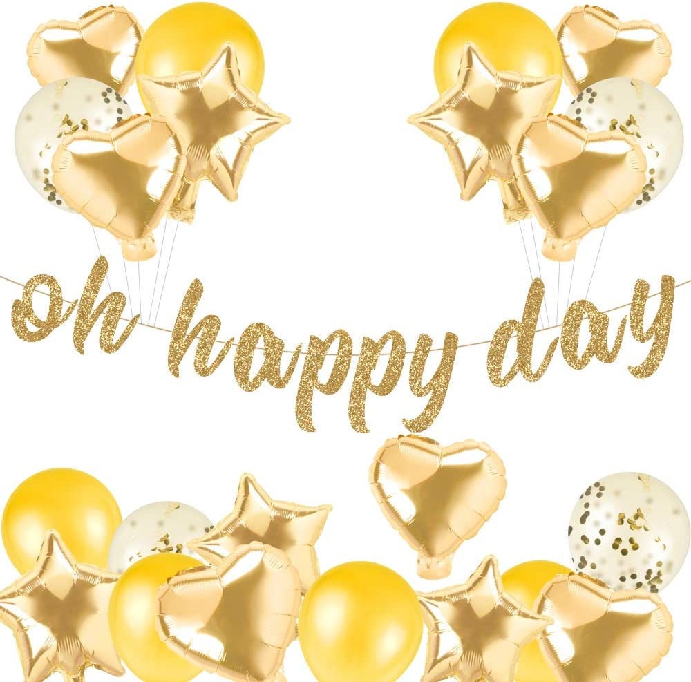 Wedding Oh Happy Day Gold Glitter Banner Congratulations Party Supplies Gender Reveal Baby Shower Announcement Gold Party Decorations for Birthday Job Promotion Retirement