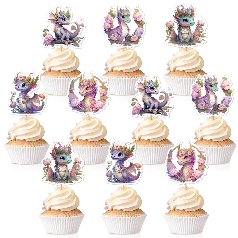 20pcs Dragons Cupcake Toppers Dragon Theme Birthday Party Decoration Cake Topper Baby Shower