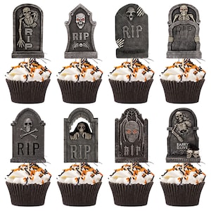 24 Pieces Halloween Cake Decorations Cupcake Picks Graveyard Tombstone theme cupcake Toppers for Halloween Party Supplies