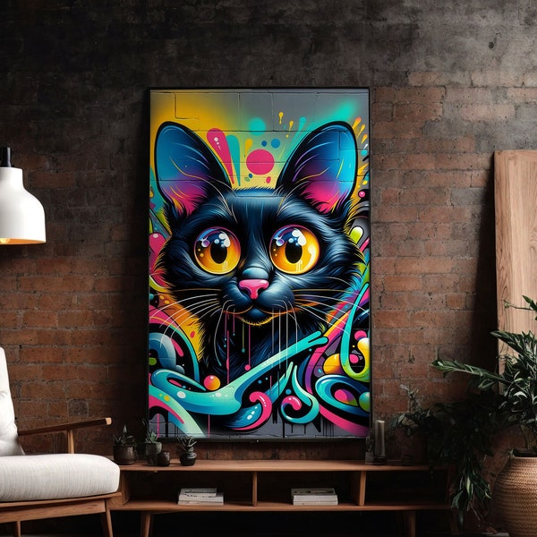 Cat Portrait Graffiti Wall Art, Cat Portrait Face Graffiti Print, Modern, Urban, Street Graffiti Digital Art, Home, Office Wall Decor Poster