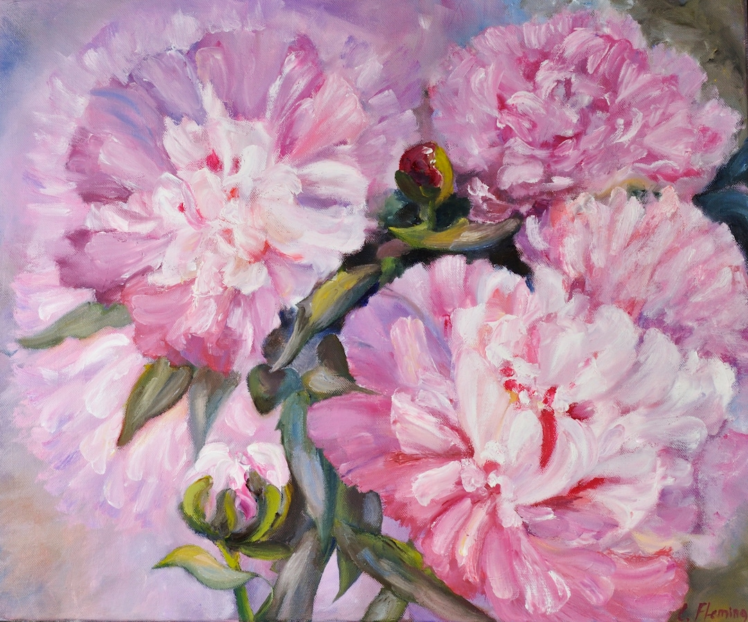 Large Pink Peony Roses Painting, Floral Arrangement, Pink Flowers in ...