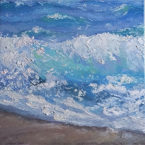Sea Oil Painting on Canvas. Stormy Sea Scene in Oil. Original Oil Painting of Blue Turquoise Sea Wave and Sand Beach. Image of Sea. Seascape