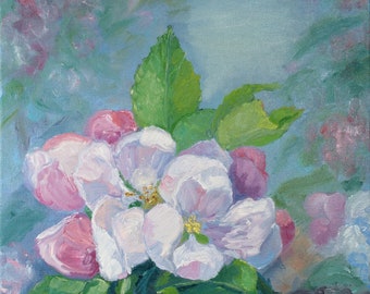 Äppelblommor Trädmålning Original Olja på duk Blommig Väggkonst Mjukt Rosa Vårblommor Botanisk Naturmålning Oinramad Hempresent
