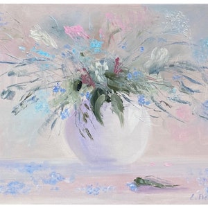 Abstract Pink and Blue Flowers in A Vase on a Light Background. Impressionistic Romantic Abstract Floral Design. Wall Decor Botanical Art