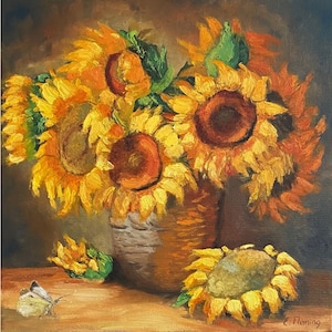 Yellow Sunflowers in a Vase, Large Yellow Flower Bouquet, Yellow Flowers Palette Knife Oil Painting, Floral Wall Art, Flowers and Butterfly