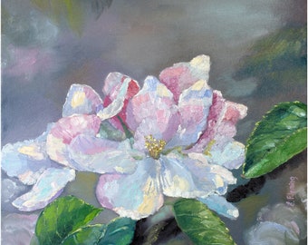 Äppelblommålning Original oljemålning Blommig väggkonst Vårträd Blommor Rosa Botanisk konst Naturinspirerad Heminredning Konst Gåva för henne