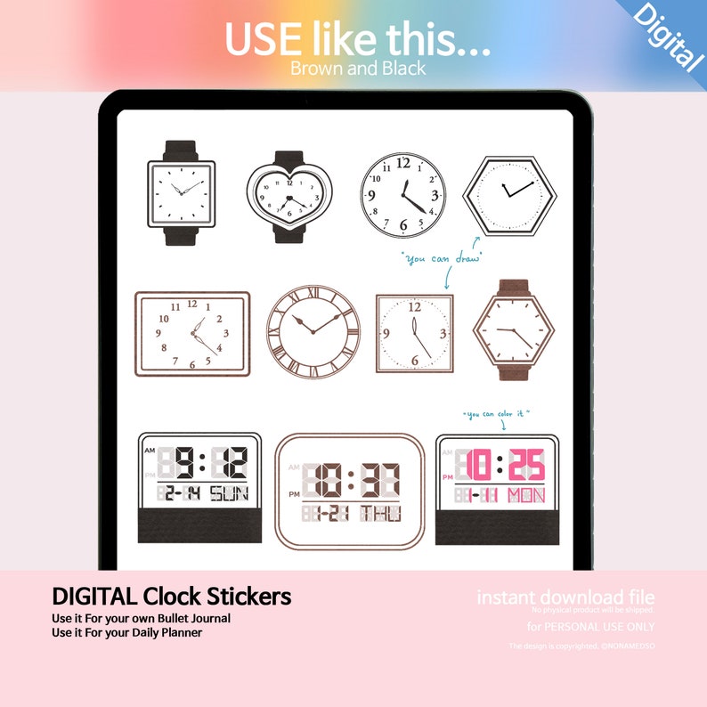 Simple Analog Clock Face and Digital Clock Sticker for iPad Planner and