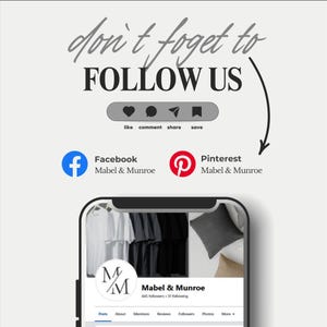 May include: A digital graphic featuring the text don't forget to FOLLOW US with icons for like, comment, share, and save. Below are Facebook and Pinterest logos for Mabel & Munroe, and a smartphone screen showing the Mabel & Munroe social media profile.