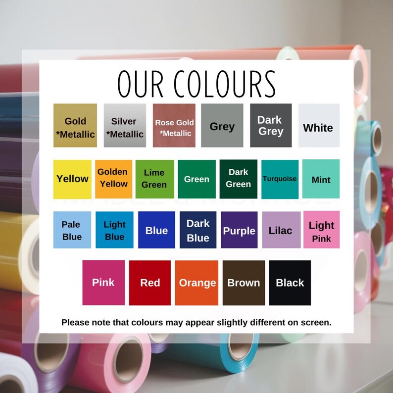 May include: A chart showing a variety of colors available for purchase. The colors are arranged in rows and columns, with the names of each color listed below. The text "OUR COLORS" is at the top of the chart.