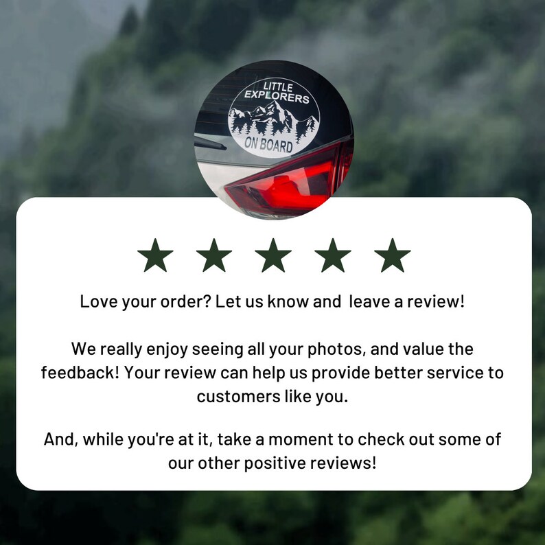 Pu&ograve; includere: Cinque stelle con il testo "Ti piace il tuo ordine? Faccelo sapere e lascia una recensione! Ci piace davvero vedere tutte le tue foto e apprezziamo il tuo feedback! La tua recensione pu&ograve; aiutarci a fornire un servizio migliore ai clienti come te. E, visto che ci sei, prenditi un momento per dare un'occhiata ad alcune delle nostre altre recensioni positive!"