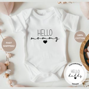 Hello Mommy Baby Onesie®, Hello Daddy Bodysuit, Newborn Announcement, Coming Home Outfit, Pregnancy Reveal, Gender Neutral Baby Shower Gift