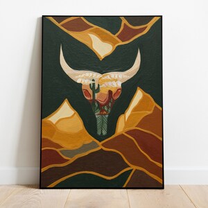 Steer Skull Gouache Painting - High Quality ART PRINT by Carson Robertson - Gouache Steer Painting, Western Home Decor, Original Art, Gift
