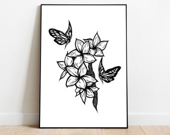 Butterflies and Flowers Black and White Drawing - High Quality ART PRINT - by Carson Robertson - Original Art, Gift, Wall Decor, Wall Art