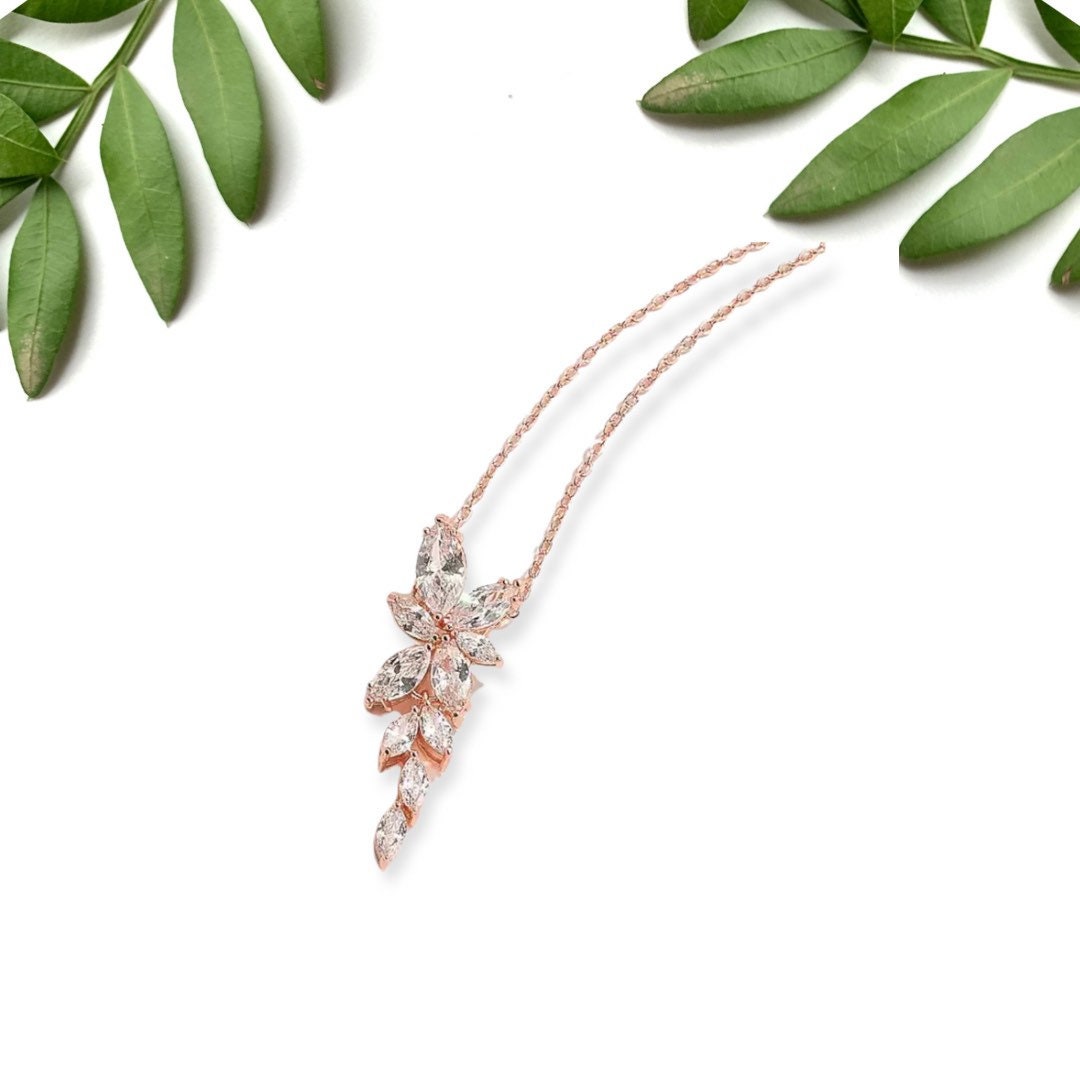 Rose Gold Leaf Necklace, Bridal Jewellery, Cubic Zirconia Pendant
