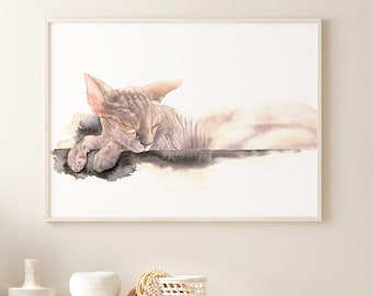 Akvarell konsttryck med sphynxkatt, lugn minimalistisk väggdekoration för husdjur, elegant minneskonstverk