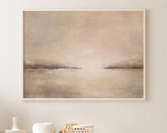 Beige abstrakt solnedgångstryck, neutral bergslandskapsväggkonst, minimalistisk horisontell väggdekor, varm bohemisk konst