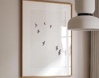 Birds Wall Art Printable, Birds Flying Digital Print, Black Flying Birds Art, Flock of Birds Download Minimalist Japanese Wall Art Wabi Sabi