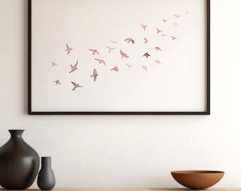 Bird flock wall art Simple flying birds Wabi Sabi Birds in sky wall art Minimal bird art Flock of birds print Blush bedroom wall decor