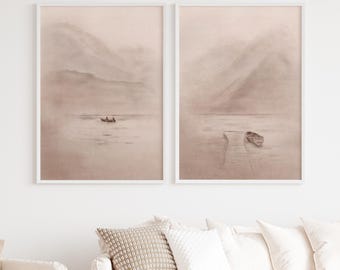 Minimalistisk landskapsväggkonst set om 2, bergsjötryck med båt, neutral naturdekor, lugn heminredning, japansk skandinavisk väggkonst
