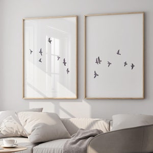 Conjunto de 2 impresiones Pájaros negros volando Arte de pared Bandada de pájaros Descargar impresión Conjunto de impresión de arte de pájaros Arte de pájaros imprimible grande Impresión digital de pájaros