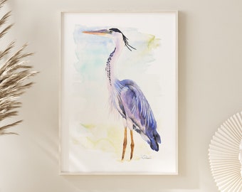 Great blue heron wall art Light blue wall art Blue bedroom decor Coastal bird art print Large bird print Blue heron artwork Lake house decor