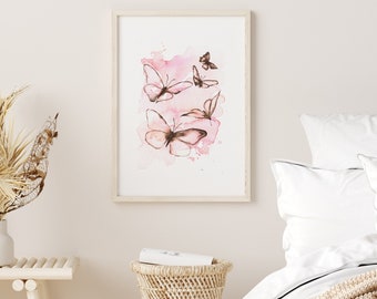 Blush pink wall art Flying butterflies wall art Watercolor butterfly art Pink butterfly print Aesthetic blush pink wall art for woman room