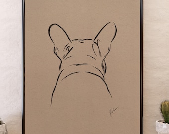 Konsttryck för fransk bulldogg – Minimalistisk skiss i träkol på beige – Hundväggkonst, Frenchie-affisch, present till husdjursälskare, minneskonsttryck