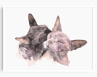 Sphynx-katter akvarelltryck, minneskattkonst, Sphynx-katt väggdekor, meningsfull gåva