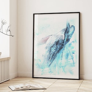 シロナガスクジラのアートプリント ザトウクジラの絵画 ライトブルーの壁アート ブルーの抽象的な水彩画 シロナガスクジラの壁アート ブルーのリビングルームの壁の装飾