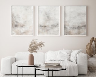Vit minimalistisk triptyk väggkonst set med 3 tryck, neutral abstrakt väggdekor, modern lugn tavelvägg, minimal beige grå heminredning