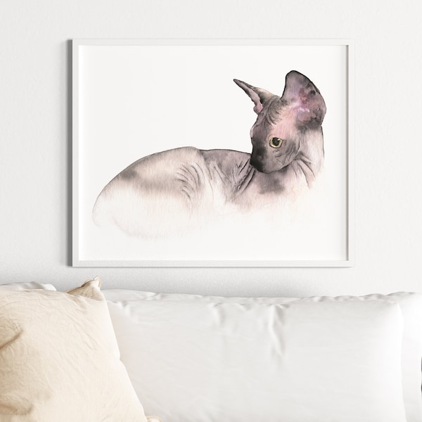 Sphynx cat art Watercolor cat print Black and pink wall art Minimal cat art Vet Clinic Decor Cat memory art Sphynx home decor Above bed art