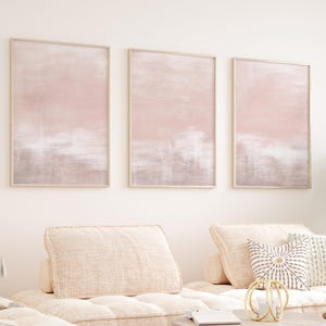 Set of 3 Abstract Wall Art Prints – Dusty Pink, Soft Grey and White – Minimalist Neutral Art for Bedroom, Living Room or Office Decor