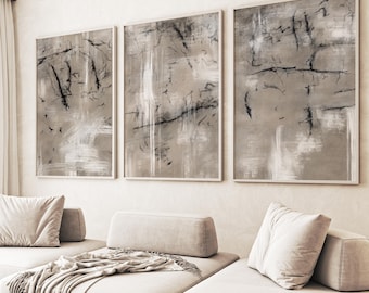 Neutral Abstract Triptych — Beige Grey Wall Art Set