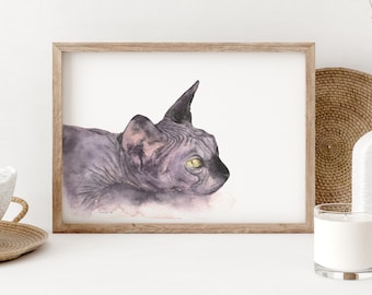 Sphynx katt akvarell konsttryck, minimalistisk katt väggdekor, tankeväckande minneskonstverk