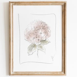 Minimalistischer rosa Hortensien Kunstdruck – Botanische Blumenskizze in zarten Rosa, Zarte Linie Wandkunst, Rosa Blumen Poster