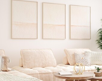 Triptyk väggkonst set med 3 tryck, mjuk neutral minimalistisk abstrakt akvarell, porslin beige lugn dekor, ljus ren estetisk väggkonst