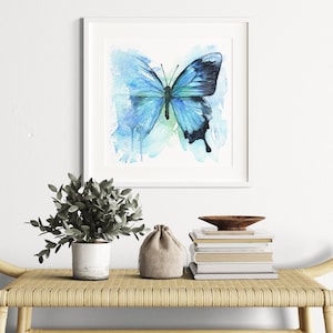 Butterfly watercolor painting print Light blue wall art Papilio Ulysses art Fine art print Butterfly painting Blue home decor Bedroom decor