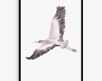 Graureiher Aquarell Druck, Reiher Wandkunst, minimalistische Vogel Kunst, vertikale japanische Wildtier-Dekor