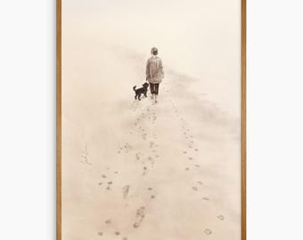 Väggkonst med kvinna som promenerar med hund, minimalistisk skiss, neutral strandmotivtryck, känslomässig present till husdjursälskare, skandinavisk japansk inredning