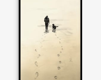 Labrador och ägare väggkonst, kustpromenadtryck, minimalistisk hundskiss, känslomässig husdjurskonst, neutral stranddekor, present till hundälskare