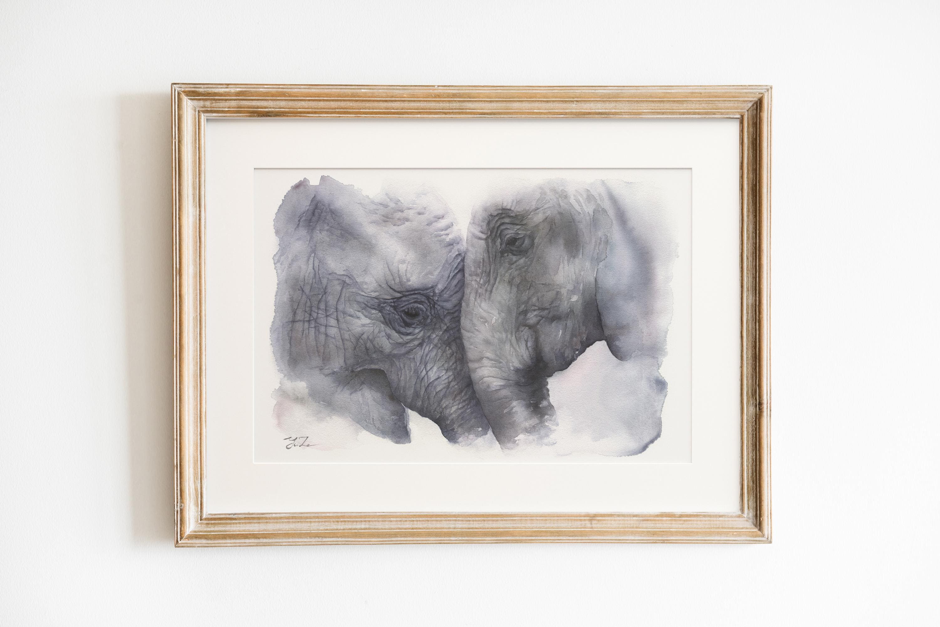 象のカップルのウォールアート、象の愛の水彩画、感情的な象の水彩画、灰色の抽象的な象の絵画、優しい動物のアート - Etsy 日本, image size:3000x2002