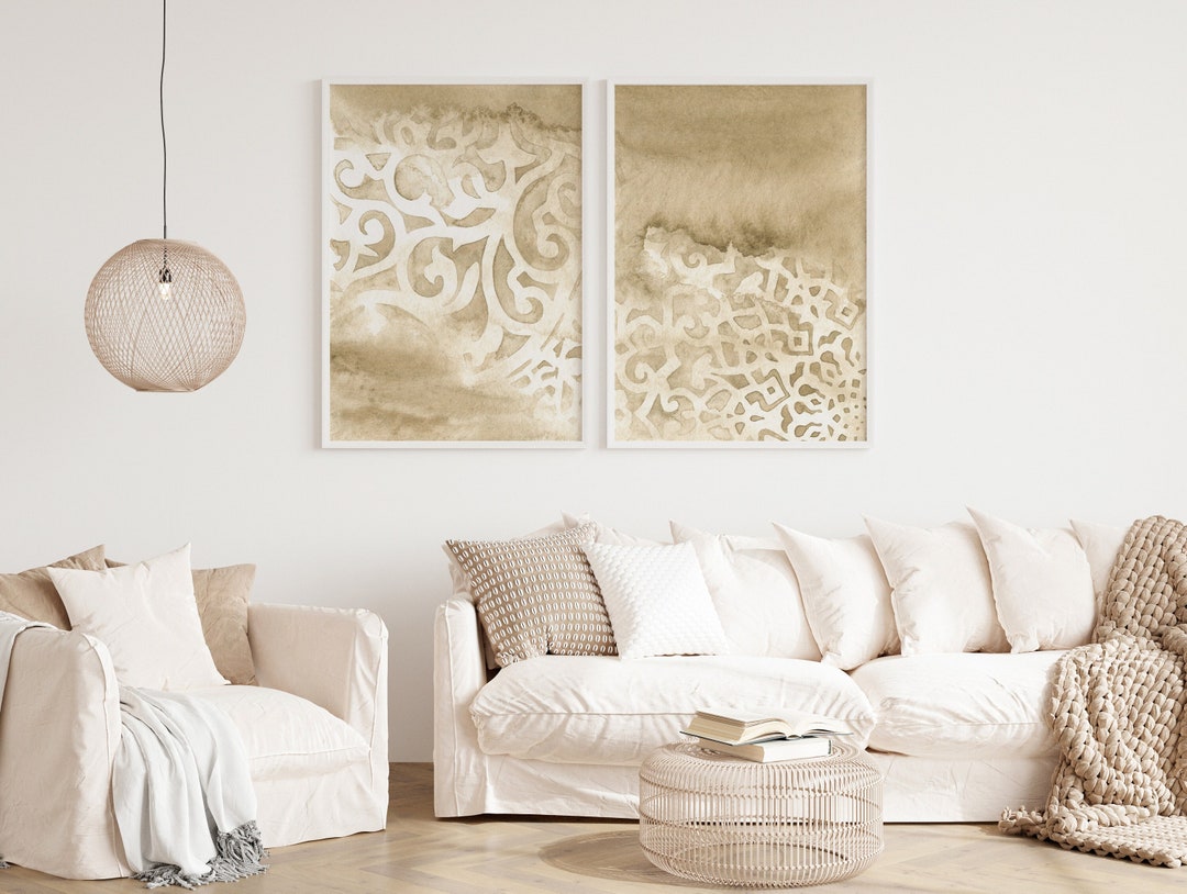 Beige White Wall Art Set of 2 Boho Art Prints Beige Neutral Bedroom ...