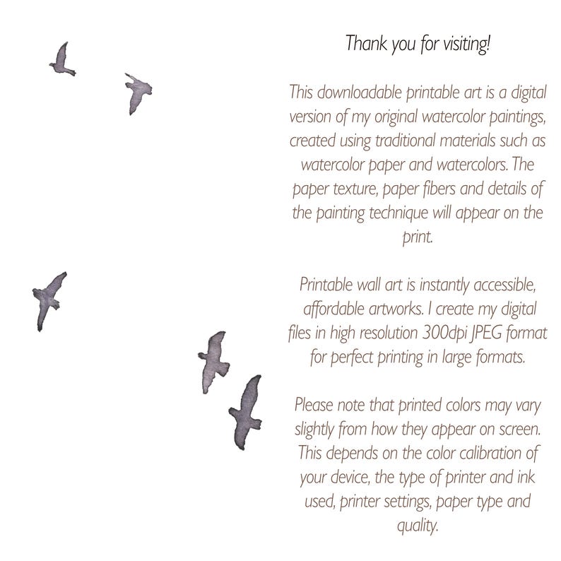 May include: Watercolor art print featuring several gray birds in flight against a white background. The text "Thank you for visiting!" is at the top. Additional text describes the art as a digital version of original watercolor paintings.