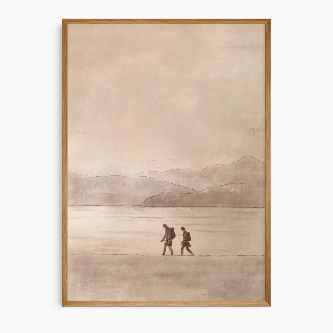 Minimalist Landscape Wall Art Hikers by Lake, Mountain Nature Print ...