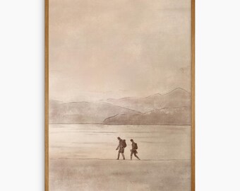 Minimalistisk landskapsväggkonst Vandrare vid sjö, Bergsnaturtryck, Neutral resedekor, Lugn heminredning, Skandinavisk Japandi-stil
