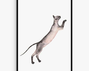 Sphynx Cat Watercolor Art Print, Minimalist Cat Silhouette, Curious Cat Wall Art, Modern Pet Decor