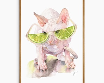 Aquarell Sphynx Katze Art Print – Limettenbrille Haustierportrait