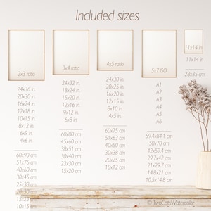 Puede incluir: Un fondo blanco con una superficie de madera debajo. La imagen muestra una tabla de diferentes tama&ntilde;os para impresiones digitales, incluyendo pulgadas y cent&iacute;metros. El texto "Included sizes" est&aacute; en la parte superior de la tabla. La tabla incluye los siguientes tama&ntilde;os: 2x3 ratio, 3x4 ratio, 4x5 ratio, 5x7 ISO, 11x14 in y 28x35 cm.